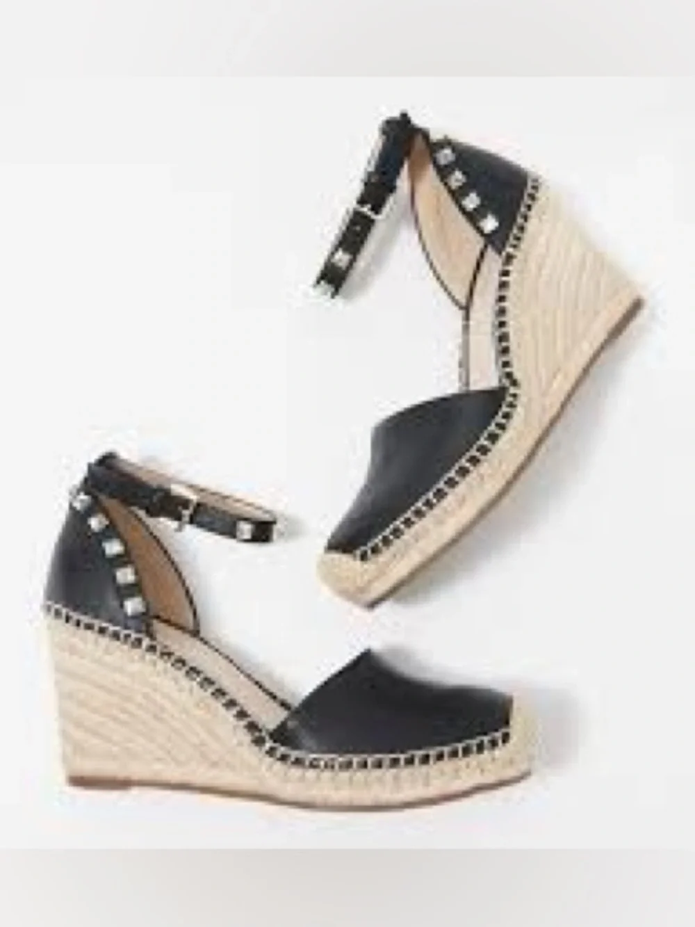Marc Fisher Black Leather Espadrille Wedge Studded Close Toe Sandals Size 8.5